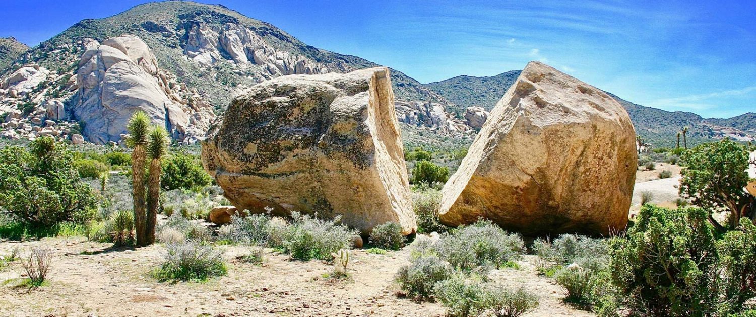 Una piedra partida por la mitad en un paisaje semi desierto